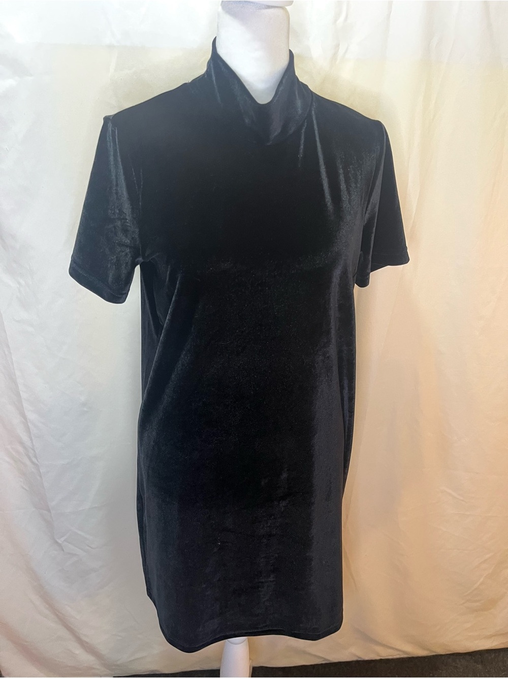 Madewell Black Velvet Short-Sleeve Shift Dress Mock Neck - goth